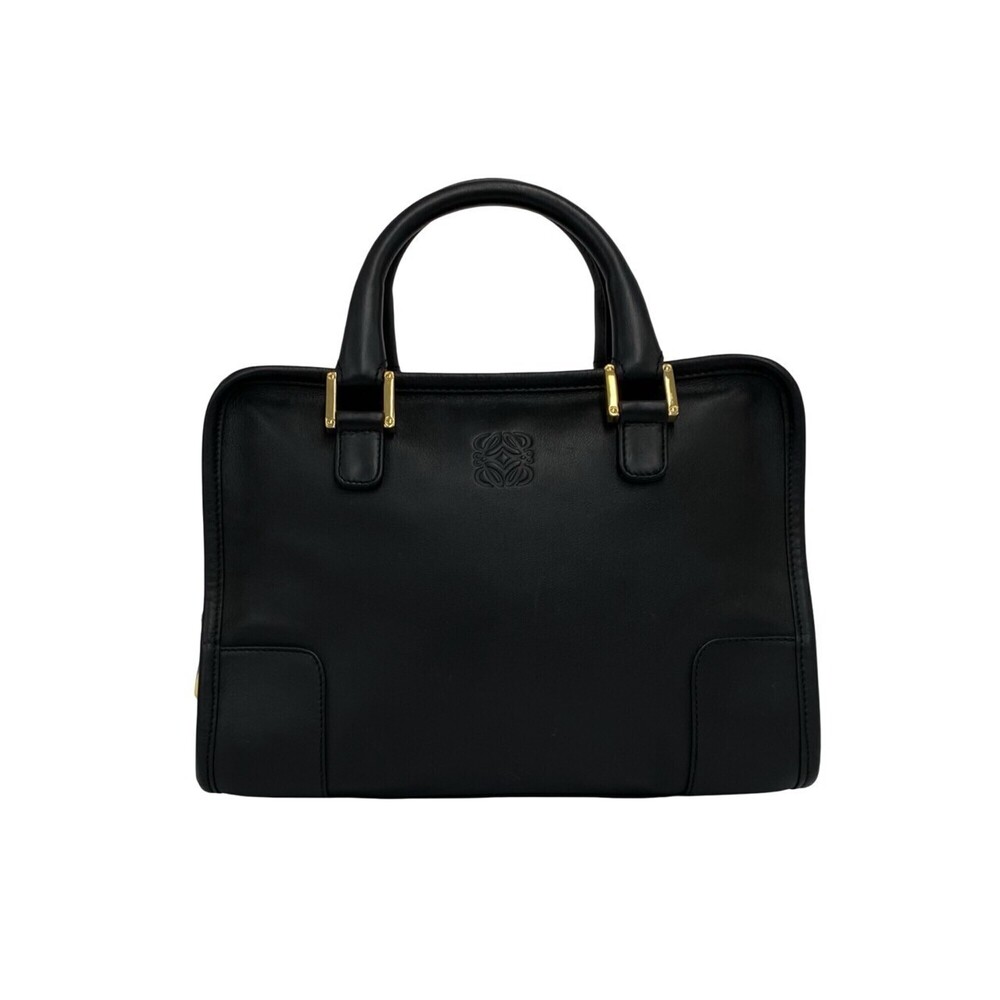 LOEWE Amazona Anagram Logo Leather Handbag Mini Boston Bag Round Zip Black 30389